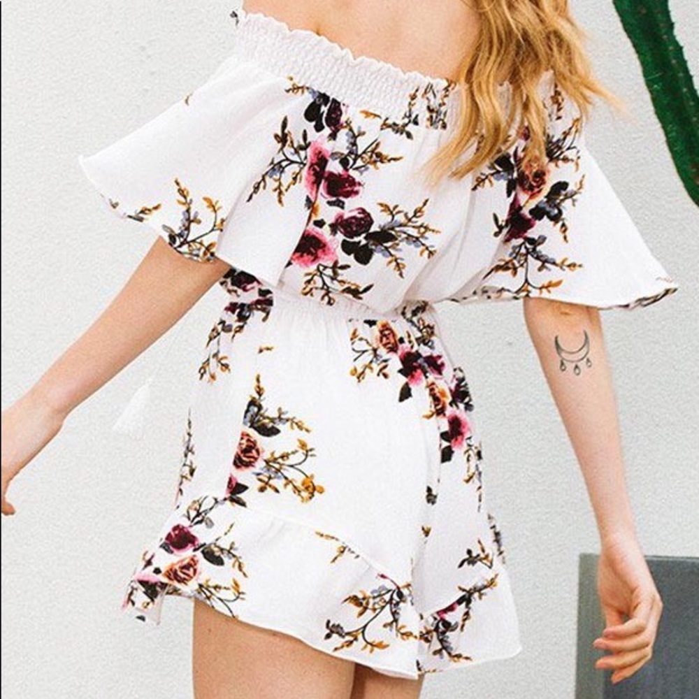 Off Shoulder Floral Pattern Ruffle Trim Romper